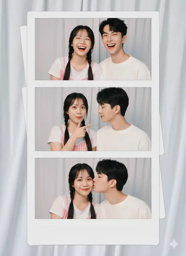 #Ai #gemini #မုယွင်ရေခဲတုံးလေးနဲ့ 🥺💔🕊#couple photo Hi! I use Google Gemini and here's the prompt: Take a picture with a 3-layer Polaroid camera. The photo should look like a normal photo, without any clear subjects or props. The photo should have a consistent light source, such as a flash from a dark room, spread throughout the photo. The first photo is the couple laughing in front of the camera. Second is the girl with eyes wide open like a lovely eyes girl, pointing at the boy while the boy is smiling and looking in love at the girl's face. The last is the boy kissing the girl's cheek while the girl is posing in front of the camera. Do not change the faces (don't close their eyes in the picture. P.S. don't change my face and eyes) and their clothes. Replace the background behind the two people with a white curtain. The size of the whole Polaroid is like an Instagram story size.