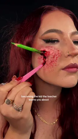 “i had a student that chewed their pencils once…” #makeup #FAKE #sfxmakeup #fakeblood #halloweenmakeup on my face: @urban decay slick brow gel  @nyxcosmetics_uk powder louder brow pencil, buttermelt glaze skin tint @MaybellineUK collosal bubble mascara  @KVD Vegan Beauty tattoo liner  @NARS Cosmetics pot concealer, laguna bronzer @rimmellondon multitasker jelly blush  @Charlotte Tilbury pillow talk lipstick  @Huda Beauty easy bake powder, lip ink contour stain  @TATTI LASHES 90s baby lash  @milkmakeup bronzing stick  @makeupbymario @Sephora UK master mattes palette  @Makeup Revolution sfx fake blood @Amazon liquid latex