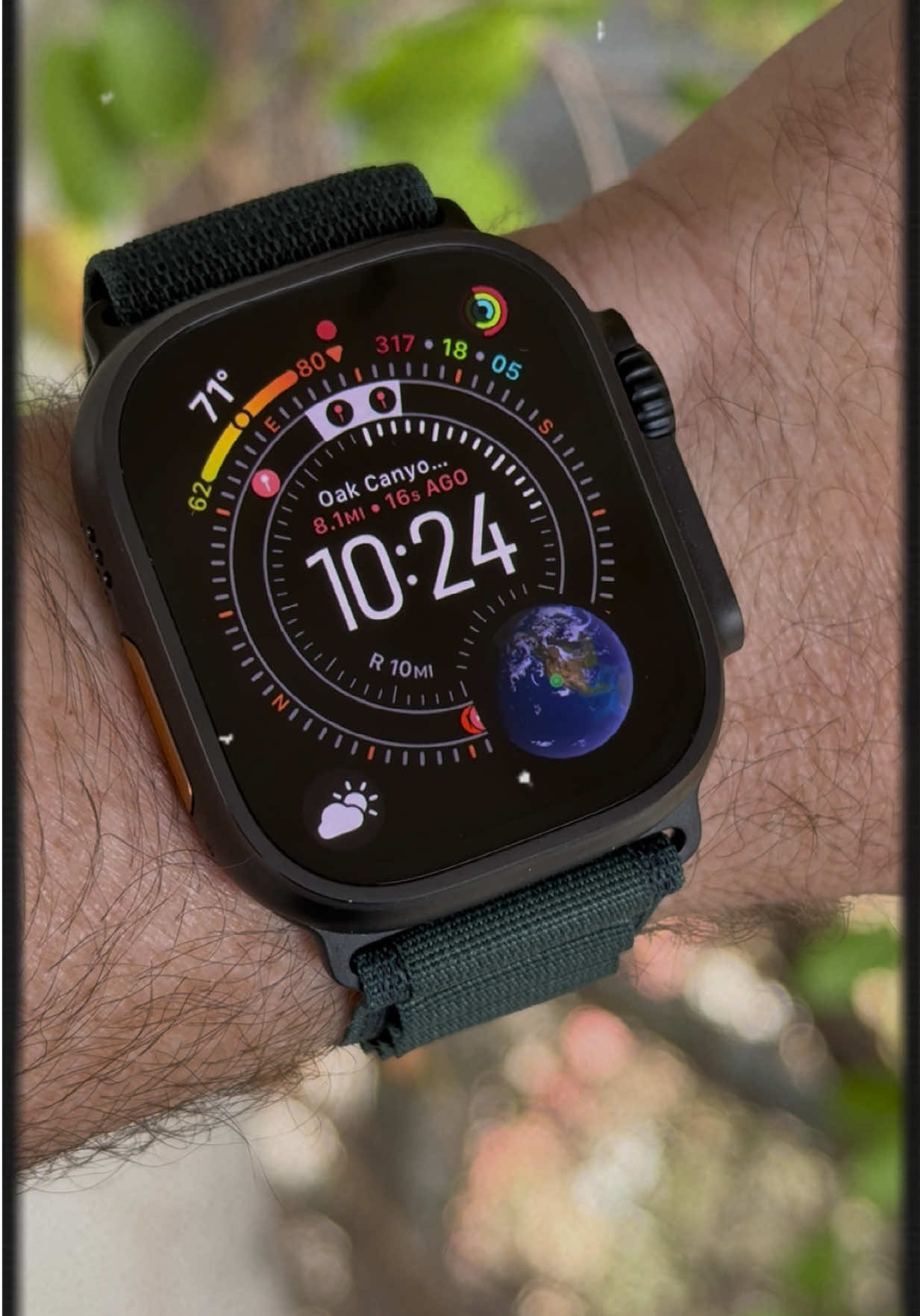 Waypoint face from WatchOS 26 on Space Black Apple Watch Ultra 2  #DarkGreenAlpineLoop  