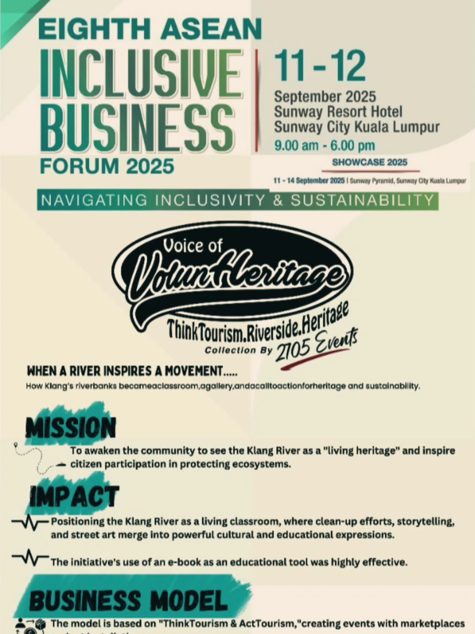 Eight Asian Inclusive Business Forum 2025  📍 Lokasi: Sunway Resort Hotel 📅 Tahun: 2025 ✨ Anjuran : Voice of Volun Heritage & 2705 Events Sebuah forum yang menghimpunkan pemimpin industri, usahawan dan komuniti serantau Asia bagi membincangkan potensi perniagaan inklusif, kerjasama strategik dan inovasi masa depan.