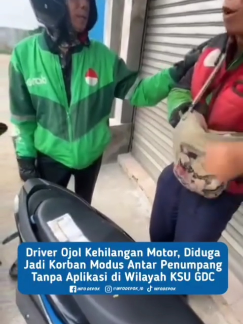 Seorang driver ojek online menjadi korban dugaan hipnotis di wilayah KSU - GDC,  pada Rabu (10/9). Peristiwa ini bermula ketika korban menerima tawaran dari seorang penumpang untuk mengantar dari Gang Bakti dekat Jalan Kartini menuju suatu lokasi, dengan ongkos Rp50 ribu di luar aplikasi. Penumpang yang belakangan diketahui sebagai pelaku beralasan sedang mencari “orang pintar” untuk mengobati anaknya. Menurut keterangan rekan korban, jumlah pelaku ada dua orang. Dalam perjalanan, korban diminta turun dari motor untuk mengambil tanah yang disebut-sebut akan digunakan sebagai syarat pengobatan. Pelaku juga menjanjikan akan memberikan uang tambahan kepada korban. Selanjutnya pelaku meminjam motor korban serta meminta dokumen penting berupa STNK, SIM, dan KTP untuk disimpan di dalam jok motor. Awalnya korban menolak, namun diduga dalam kondisi terhipnotis, korban akhirnya menuruti permintaan tersebut. Pelaku sempat memberikan sebuah STNK kepada korban, namun belakangan diketahui bahwa STNK tersebut bukan milik korban, melainkan milik orang lain. Akibat kejadian ini, motor korban jenis Honda Beat tahun 2024 dengan nomor polisi B 4041 EBR yang  sudah lunas cicilan, raib dibawa kabur oleh pelaku. Dalam rekaman video yang beredar, korban terlihat linglung dan akhirnya mendapat pertolongan dari rekan-rekan ojek online di sekitar GDC, dekat Jalan KSU.  #infodepok #depok #ojekonline 