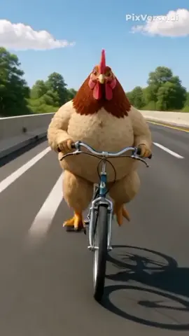 A chicken riding a bicycle racing on a highway, its wheels catching fire. دراجات دراجه دجاجه تقود دراجه سباق على طريق السريع #دجاج #Ai #ai #chicken #video 