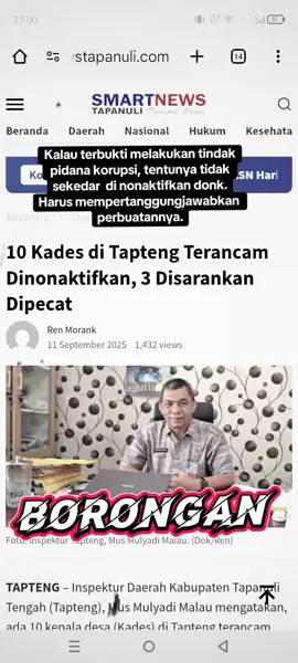 TAPTENG – Inspektur Daerah Kabupaten Tapanuli Tengah (Tapteng), Mus Mulyadi Malau mengatakan, ada 10 kepala desa (Kades) di Tapteng terancam dinonaktifkan. “Kasusnya, dugaan penyelewengan dana desa. 10 Kades tersebut kita sarankan untuk diberhentikan sementara,” kata Mus Mulyadi Malau kepada wartawan, di ruang kerjanya, Kamis (11/09/2025) Meski demikian, pihaknya belum bisa memaparkan siapa saja kesepuluh oknum Kades yang akan diberhentikan sementara tersebut. “Pemberhentian sementara tersebut untuk mempercepat dan memudahkan proses pemeriksaan,” katanya. Hasil pemeriksaan para Kades tersebut belum bisa diselesaikan sebagian. Mengingat waktu yang dibutuhkan cukup lama karena banyaknya item aduan. Selain itu, ada juga 3 Kades yang disarankan kepada pimpinan untuk diberhentikan tetap, karena yang bersangkutan telah melakukan kesalahan secara berulang-ulang. Lebih lanjut Mus Mulyadi Malau menyampaikan sepanjang 2025, laporan masyarakat yang masuk ke Inspektorat Tapteng totalnya mencapai 65 laporan, dengan potensi kerugian negara mencapai Rp 6,5 miliar. “Dari 65 laporan tersebut, 19 laporan telah selesai kita proses, dan laporan hasil pemeriksaan (LHP)-nya pun sudah selesai,” kata dia. (ren) Source: smartnewstapanuli.com #viral?fypシ 