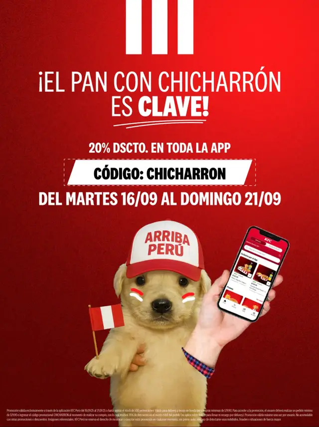 Este finde FIJO celebramos con Pan con Chicharrón pero la próxima semana con KFC. Usa el código: CHICHARRON del martes 16 al domingo 21 de setiembre y llévate 20% de dscto. en toda la App. Aplican T&C link en bio. Válido solo para mayores de 18 años