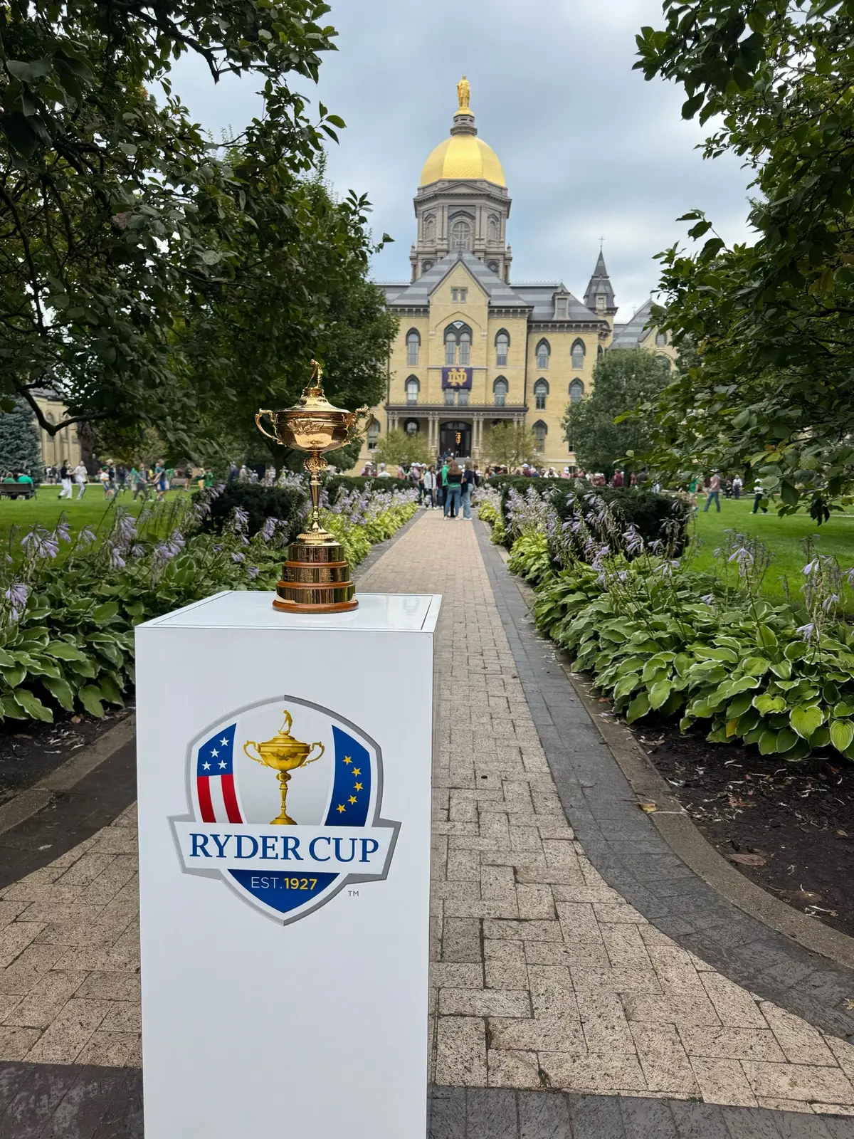 This trophy has seen some fighting Irish over the years. ☘️ @The Ryder Cup  📺 Texas A&M at Notre Dame, 7P ET on NBC & Peacock ⛳️ The Ryder Cup, Sept. 26-28 #golf #notredame #fightingirish #cfb #RyderCup 