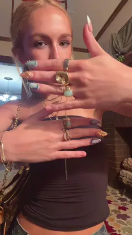 ignore the missing nails lol #outfitinspo #ringstack #goldrings #gems #turquoisejewelry 