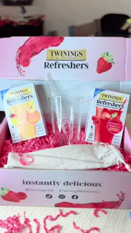 Unboxing my @Twinings USA Refreshers ✨🍓☕ I’m sooo excited to try these premium café-style drinks! The glass cup + glass straw they sent are such a vibe, I love the whole presentation 😍   #Unboxing  #TwiningsRefreshers #PourStirWhoa  @chimeable 