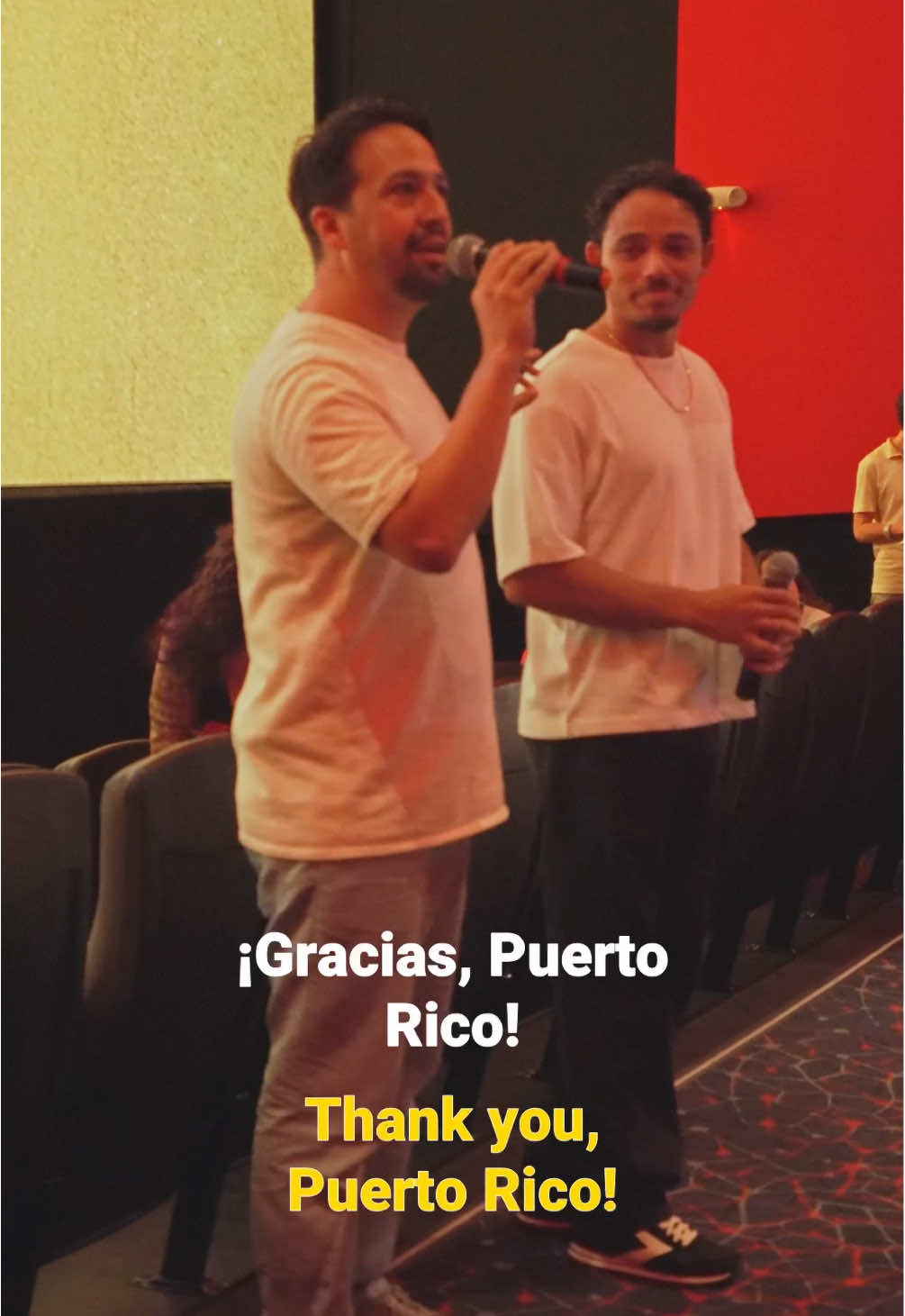 Lin-Manuel Miranda and @Anthony Ramos surprise theater-goers in Puerto Rico waiting to watch #Hamilton! #Hamilten #HamilFilm