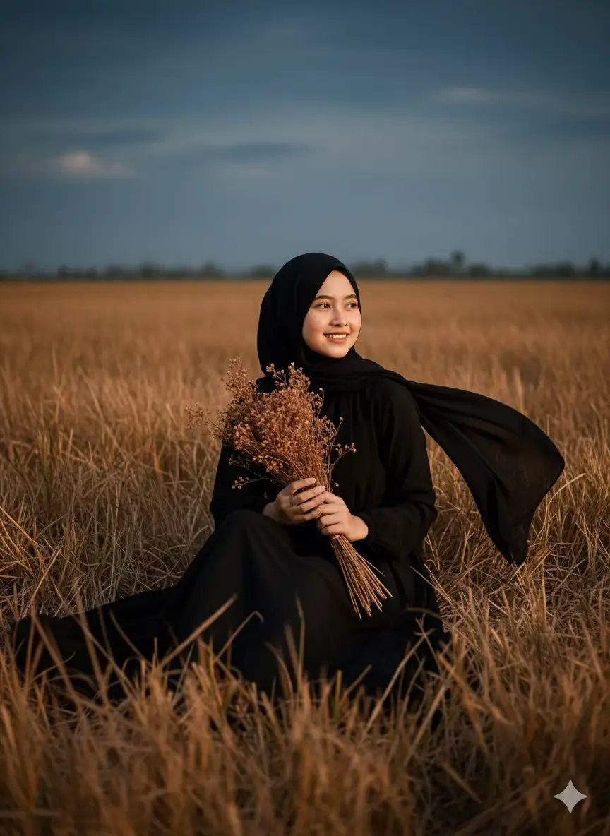 Prompt nya: seorang perempuan Indonesia muda cantik berkulit cerah duduk di tengah Padang ilalang tinggi sokelat keemasan yang kering, dengan cahaya matahari sore (golden hour) yang hangat menyinari wajahnya. ia memakai dress panjang berwarna hitam. memakai hijab panjang hitam, terurai lepas, tertiup angin. ekspresi wajah tenang serta tersenyum menunjukkan gigi dan suasana tidak melihat kamera. kedua satu tangan memegang bouket bunga yang sangat indah berwarna coklat . latar belakang yang kontras dengan warna tanah kecoklatan Padang rumput. suasana foto terasa melankolis, artistik, dengan nuansa dramatis dan estetik khas potret editorial (jangan merubah bentuk wajah) lighting: natural golden hour  mood: dreamy, melancholic, serene pose: duduk, relaxed expression  setting: wide open dry grass field, golden brown tones camera angel: low angel dari samping di halangi rerumputan yang tinggi terlihat agak blur, wajah si wanita terlihat jelas style: cinematic, editorial fashion photography, moody aesthetic foto 9:16 4k #gemin #lewatberanda #fyp #ai #airport 