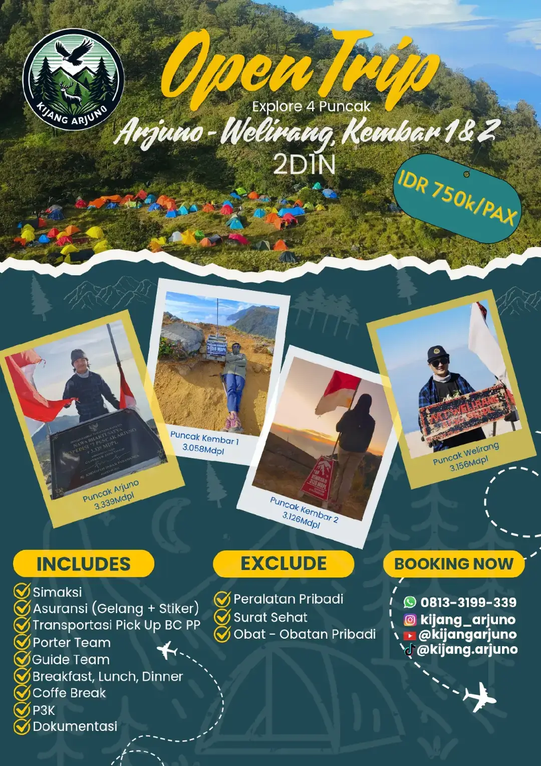 ready open trip dan privat trip. just enjoy your day with us..!!  INCLUDES :  ● simaksi ● Asuransi + gelang + stiker  ● ojek pick up PP ● porter team ● guide team  ● tenda team ● welcome drink ● makan selama trip ● 4 puncak  ● P3K umum ● Dokumentasi bersama. ●   berangkat pulang sama2..gk usah cari jodoh. cari tmn aja. hehehe EXCLUDES : ● Surat Sehat. ● usia dibawah 17thn wajib surat ijin ortu ●peralatan pribadi yg tdk disebut include #fyp #opentrip #privattrip #pendakigunung #trip 