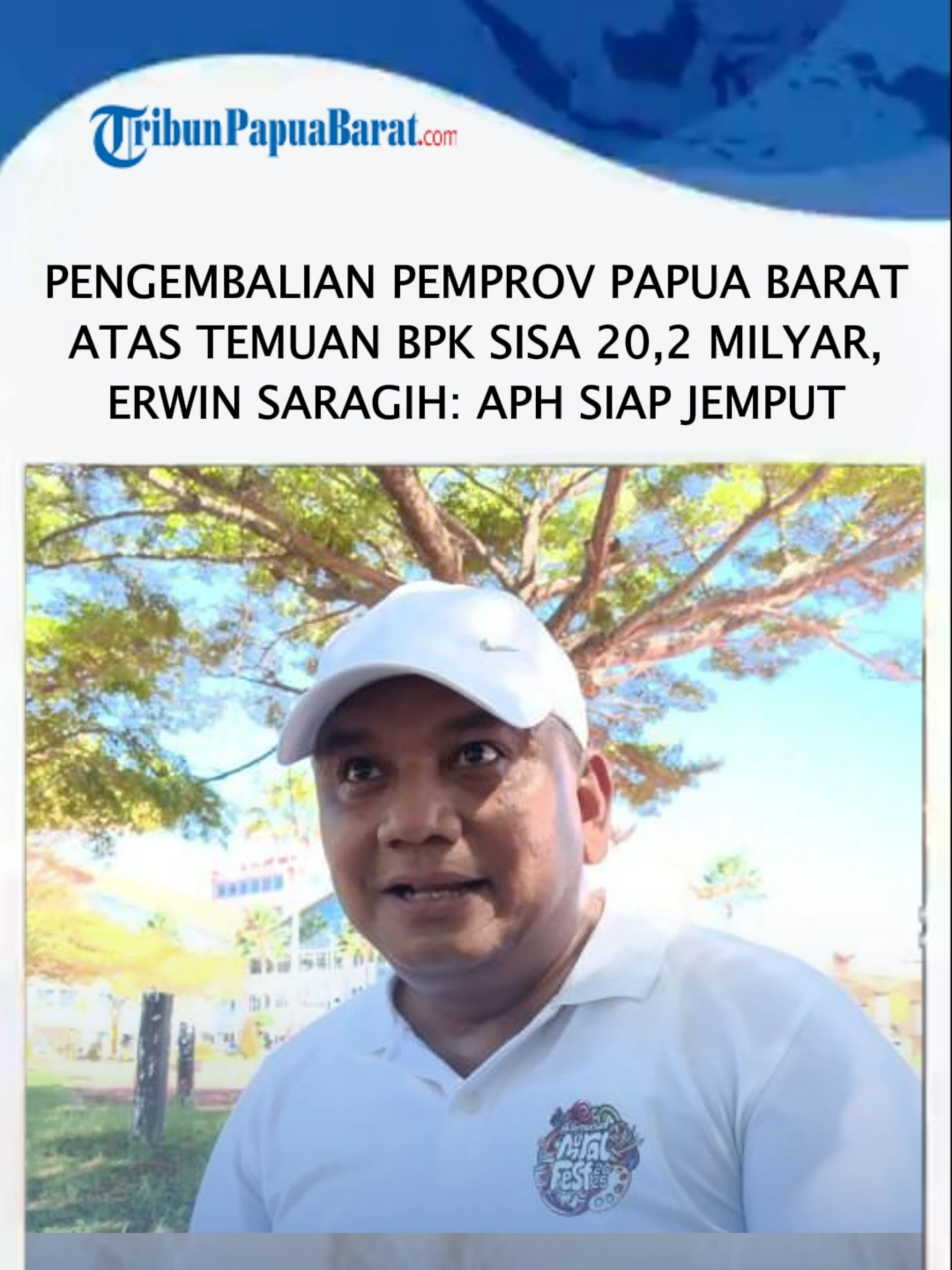Pengembalian Pemprov Papua Barat atas Temuan BPK Sisa 20,2 Miliar, Erwin Saragih: APH Siap Jemput TRIBUNPAPUABARAT.COM, MANOKWARI - Plt Kepala Inspektorat Papua Barat, Erwin Saragih, tegas kepada pimpinan Organisasi Perangkat Daerah (OPD) segera melakukan pengembalian atas temuan Badan Pemeriksa Keuangan (BPK) di tahun anggaran 2024. Ia menyatakan, bahwa berdasarkan temuan BPK yang diterbitkan pada 24 Juli 2025, nilai temuan mencapai Rp 33.619.151.208 atau Rp 33,6 miliar lebih. Dikatakan Erwin bahwa dari total kewajiban pengembalian Rp 33,6 miliar, masih tersisa Rp 20,2 miliar yang belum dikembalikan. Artikel ini telah tayang di Tribunpapuabarat.com dengan judul Pengembalian Pemprov Papua Barat atas Temuan BPK Sisa 20,2 Miliar, Erwin Saragih: APH Siap Jemput, https://papuabarat.tribunnews.com/papua-barat/57359/pengembalian-pemprov-papua-barat-atas-temuan-bpk-sisa-202-miliar-erwin-saragih-aph-siap-jemput?utm_content=headline-primary&utm_medium=widget-homepage&utm_source=papuabarat.tribunnews.com. Penulis: R Julaini | Editor: Hans Arnold Kapisa