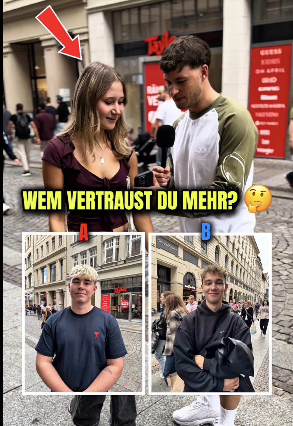 Welcher Person vertraust du mehr? 🤔 Outfit Challenge #straßenumfrage #outfit #mitdenjungz 