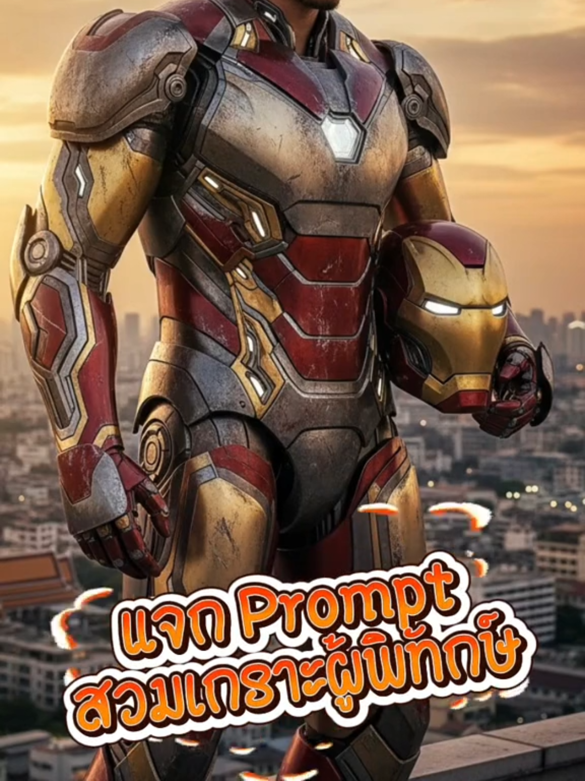 วิธีทำโมเดล Ai 1.เข้า Google Gemini 2.เลือกรูปตัวเอง 3.อัปโหลดรูปตัวเองเข้าไป พร้อมใส่คำสั่ง Prompt ตามนี้ Ultra-realistic, hyper-detailed 8K photography, cinematic lighting, dramatic wide shot, aspect ratio 9:16. Shot with a full-frame DSLR camera, natural imperfections, realistic depth of field, atmospheric haze, and gritty details. A young man (refer to photo uploaded an use 100% facial), is wearing a full futuristic Ironman armor, massive and mechanical with weathered metallic plating, scratches, dents, dust, glowing gold and red accents, and complex mechanical joints. The armor looks truly functional, like a real-life mecha suit. He stands in front of siam paragon, holding the Ironman helmet under her arm, slightly looking downward, gaze angled gently toward the city, with a calm heroic expression. His real face is fully visible with realistic skin texture, pores, slight imperfections, and natural lighting. Camera angle: 3/4 side view, showing the depth and scale of the armor and rooftop. The sunset paints the clouds golden, the wind rustles through, and the entire atmosphere feels cinematic, raw, and authentically real — like a photograph of a guardian overlooking the city. (สามารถเปลี่ยนรายละเอียดตามใจชอบ) +++Prompt ในคอมเมนต์...นะจ๊ะ+++ #Ai #เทรนวันนี้ #ironman #transformers 