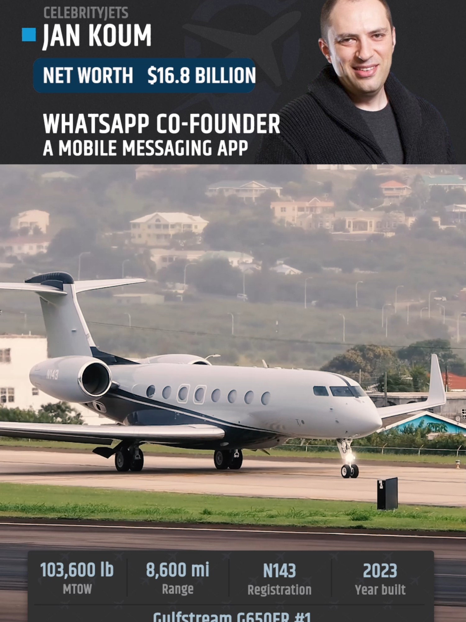 Jan Koum the founder of WhatsApp owns two Gulfstream G650ER N143 and N518KA. The Ukrainian American billionaire also owns the Superyacht M/S Moonrise. He was born in Ukraine but lives in California (yachts mp4 SK Benergy)