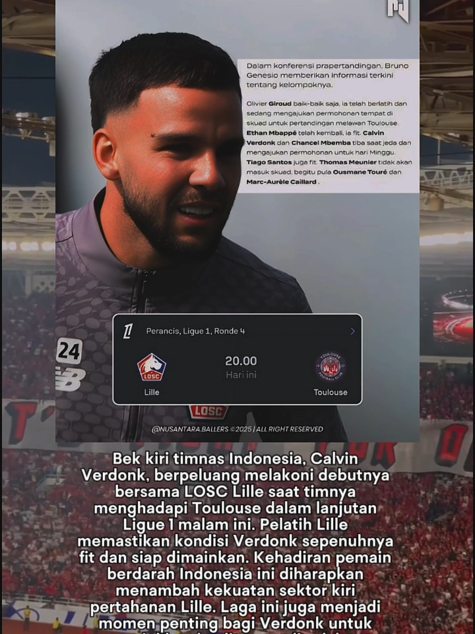 🔥 “Moment of Truth! Calvin Verdonk siap debut bersama LOSC Lille lawan Toulouse malam ini! 💪🇮🇩 #Verdonk #LOSC #Ligue1 #GarudaMendunia”