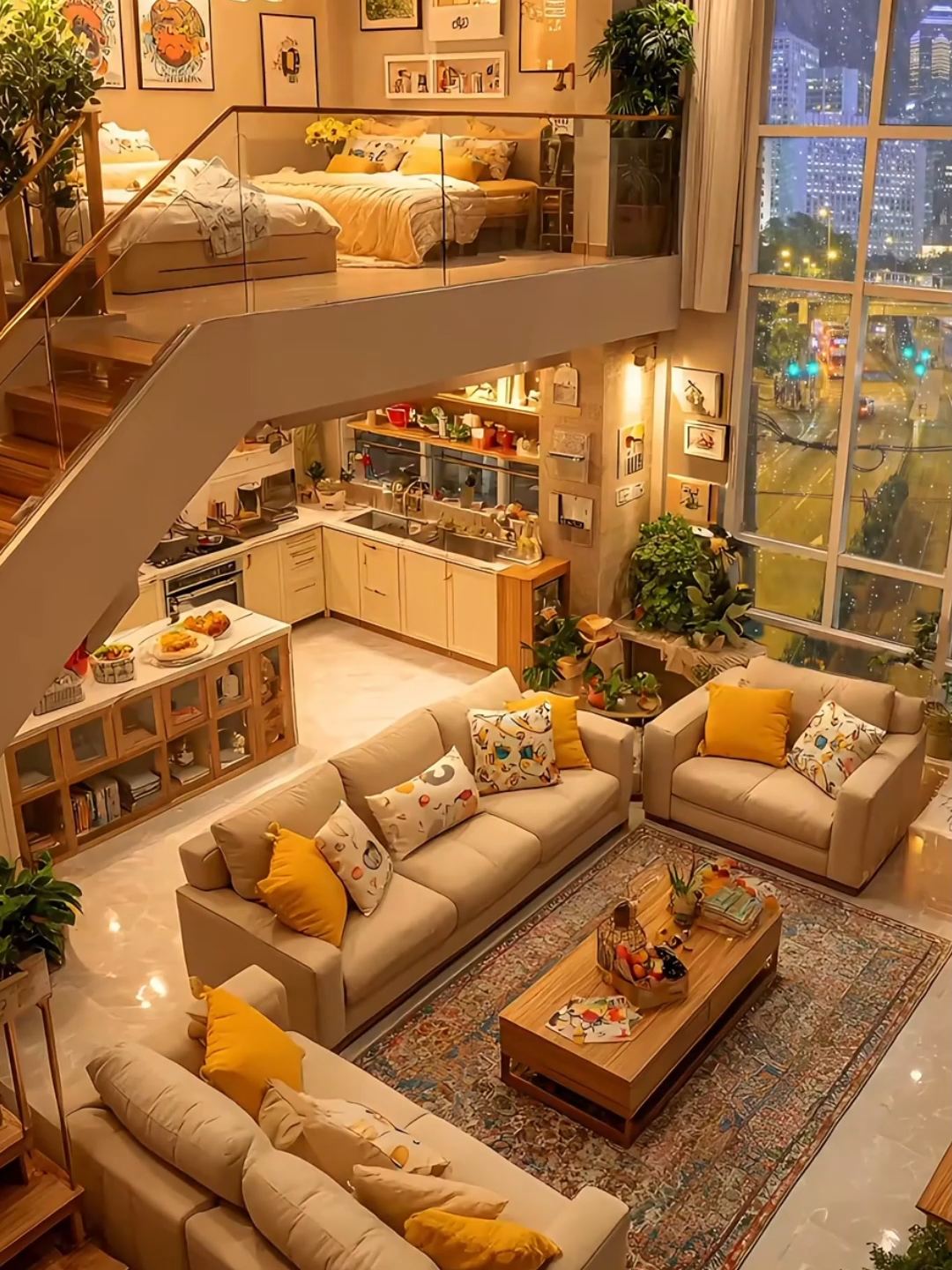 Vibrant Loft Look with Big Windows and Warm Lights 🌙 A warm and cozy loft with golden tones, big windows, and a city view that makes the whole space glow at night. 🌃 #relaxingambience #homedecoration #aestheticvideos #cozycabin #tinyroom #cozyroom #livingambience #rainyday #relaxing #homedecor #aesthetic #interiordesign #asmr #cozy