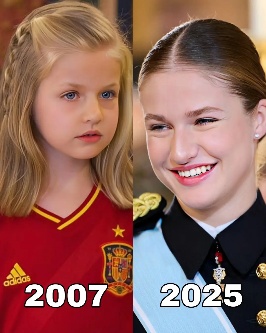 🌸✨ From a little princess to a glowing future queen, Leonor’s journey is nothing short of inspiring. Her before & after speaks of grace, strength, and evolution – not just in appearance, but in the way she carries the weight of royalty with elegance. Every step she takes reflects maturity, dignity, and a charm that only grows stronger with time. The transformation isn’t just about looks, it’s about becoming a symbol of hope and leadership for the new generation. Then and now – Leonor continues to shine brighter than ever. 👑💫 #foryou #leonor #fyp #edit #leo 