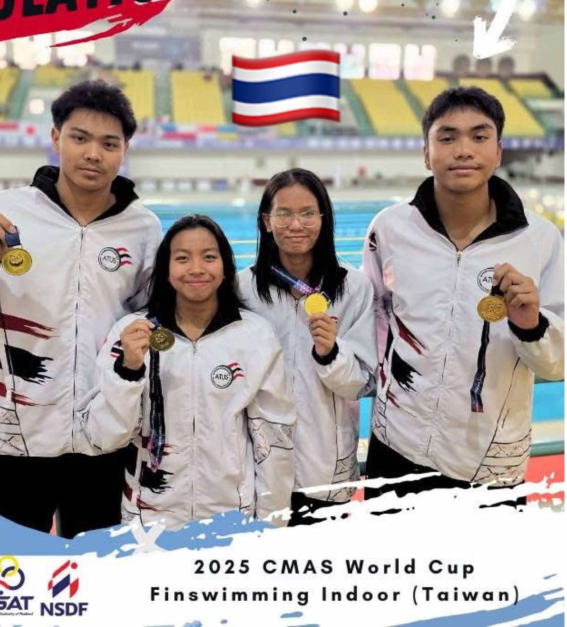 เด็กไทยทำได้! เหรียญทอง ผลัด  4x100 m. การแข่งขันรายการ 2025 CMAS World Cup Finswimming Indoor ระหว่างวันที่ 12-14 กันยายน 2568 ณ เมืองเกาสง ประเทศไต้หวัน🇹🇼  #ข่าวกีฬา  #ทีมไทยแลนด์  #แข่งว่ายน้ํา  #ฟินสวิมมิ่ง #finswimming 