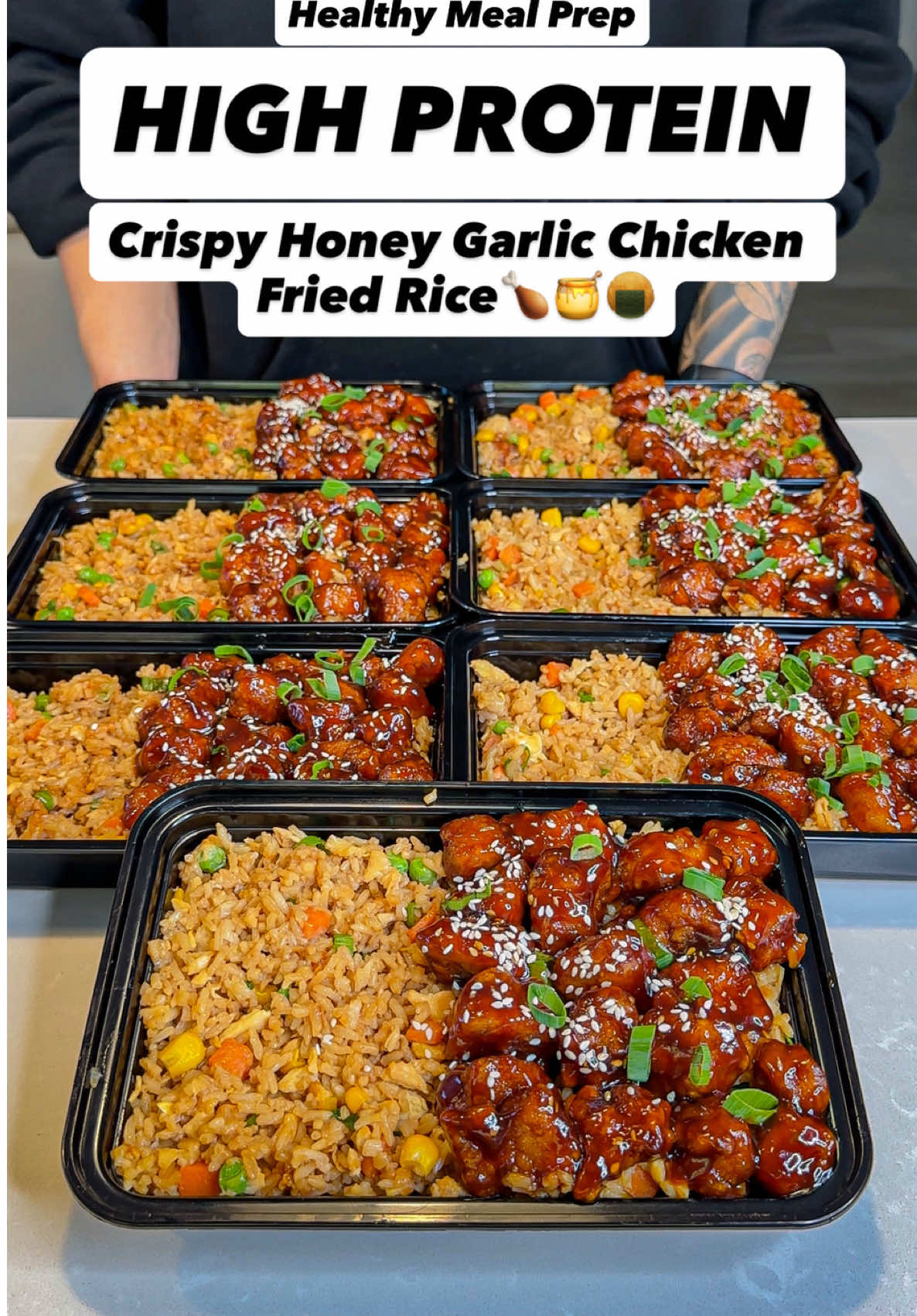 High Protein Crispy Honey Garlic Chicken Fried Rice🍗🍯🍘 51g Protein Meal Prep 💪🏼 Don’t forget to check out my new high protein recipe cookbooks with 280+ recipes 👨🏻‍🍳 📚 (Macros: Per Serving - 7 Total) 546 Calories 66.5gC | 7gF | 51gP Ingredients: 1.05kg Diced Boneless & Skinless Chicken Breast (raw weight) 35ml Salt Reduced Soy Sauce (Kikkomans Salt Reduced Soy Sauce) 2 Minced Garlic Cloves 1/2 Tsp Black Pepper, 1 Tsp Onion Powder & 1 Tsp Garlic Powder 100g Potato Starch (not all of this gets used - approximately 40g sticks to the chicken in total) 500g Frozen Mixed Vegetables 4 Eggs & 200g Egg Whites (or 5 regular eggs) 30g Spring Onion/Scallions (white part only) 980g Day Old Cooked White Rice 40ml Salt Reduced Soy Sauce 20g Spring Onion/Scallions (green part only) Ingredients: (Honey Garlic Sauce) 5 Minced Garlic Cloves 60ml Salt Reduced Soy Sauce & 60ml Water 100g Reduced Sugar Ketchup 25ml Rice Wine Vinegar 1 Tsp Cornflour & 80ml Water 80g Honey #friedrice #friedchicken #chickenrecipes #mealprep #highprotein 