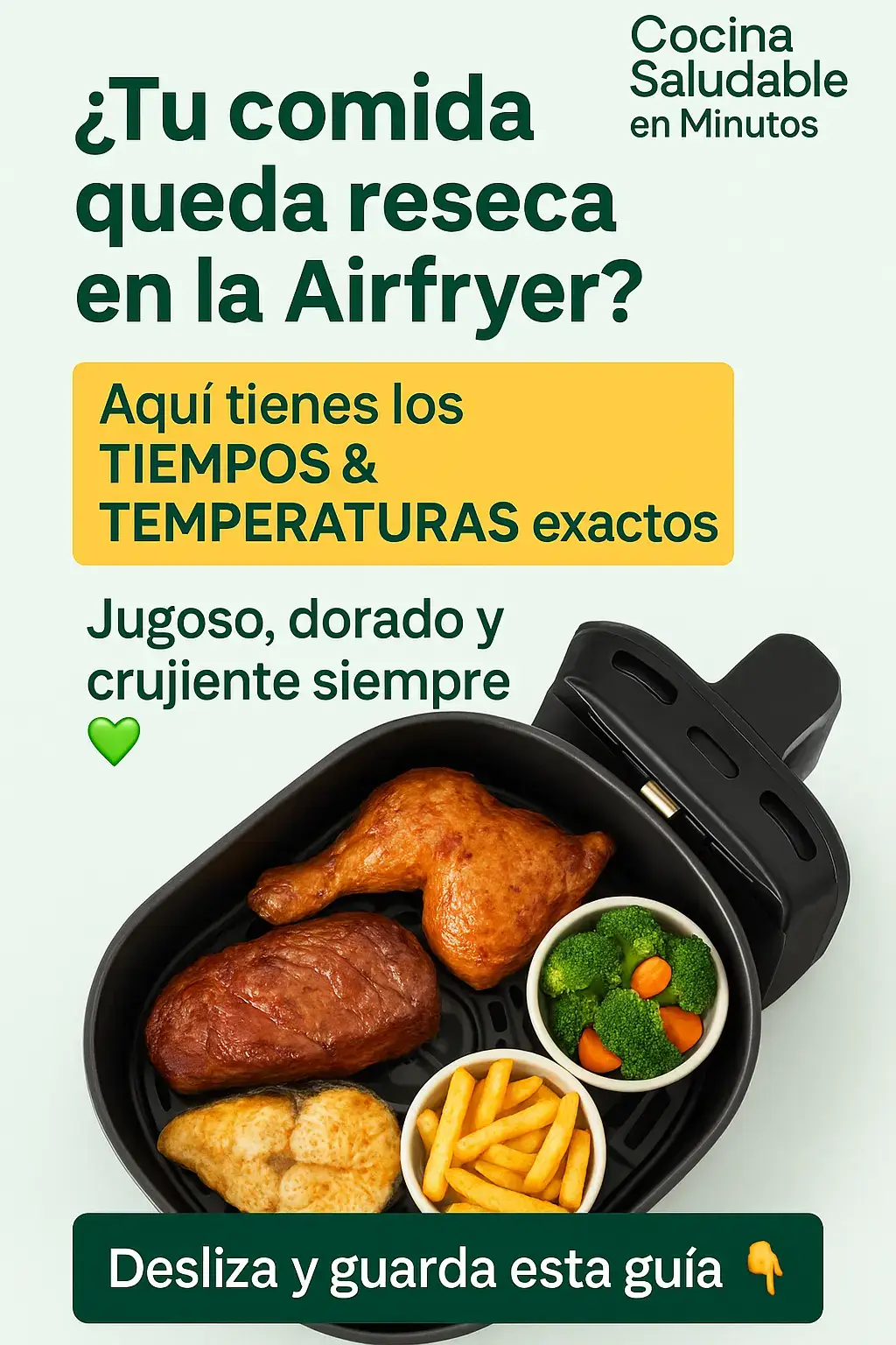 Si te pasas 👉 se reseca. Si bajas de más 👉 queda crudo. Aquí tienes la guía definitiva para que pollo, carne, pescado, verduras y papas te salgan perfectos 👇 🍗 Pollo 190°C → piel dorada y carne jugosa. 🥩 Carne 200°C → sellado rápido y jugosa por dentro. 🐟 Pescado 180°C → suave y sin resecarse. 🥦 Verduras 180°C → tiernas pero crocantes. 🍟 Papas 200°C → doradas y crujientes como fritas. 💚 Cocina más fácil, rápida y saludable. 👉 Guarda este post para consultarlo siempre 💬 Cuéntame en comentarios: ¿qué alimento quieres que agregue en la próxima guía? #airfryerlovers #airfryer #recetasairfryer #freidoradeaire #cocinasaludable 