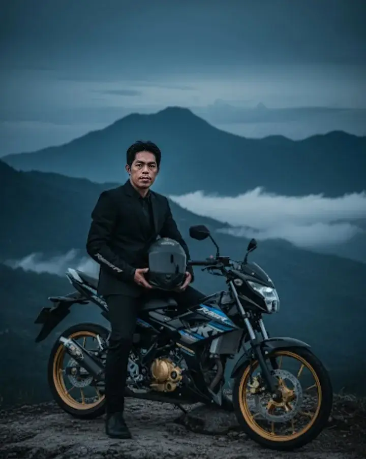 Prompt: A cinematic photo of a man sitting on top of a mountain, with a cold and serene ambiance. He is wearing a full black suit — black jacket and black pants — and holding a black helmet with the “Raider FI” logo. Beside him is a Suzuki Raider 150 FI underbone motorcycle with gold-colored mags and a gold engine, shown clearly and in detail. His suit also has the “Suzuki Raider FI” branding visible. He is looking directly at the camera with a clean and sharp face. Behind him is a breathtaking view of clouds and tall mountains, cinematic lighting, high contrast, realistic and aesthetic. #ai #edit #sadstory 