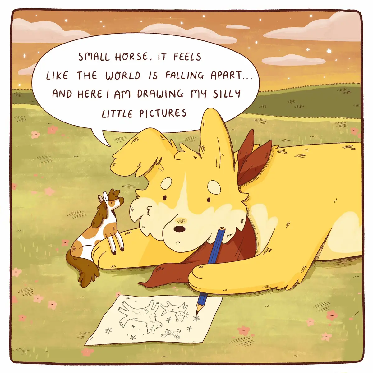 Good evening internet! I’m really happy with this week’s comic and I hope you like it too 💛 This has been on my mind a lot recently. The world needs your art, I’ve come round to really believe that. I know it can seem like a “pointless” endeavour at times, or like it’s an indulgence of sorts (or at least, I get in my head about that), but I think actually it’s one of the most important and powerful gifts we can give. Especially if the alternative is silence, or compliance. In making art, we get to rise up and offer a different way of seeing things, or understanding each other. Plus, during times when AI brainrot is making creativity feel very dystopian indeed, human expression and creation is shining ever brighter to me. I hope you have the courage to make and share art. And also, support your creative friends too! I am so truly so in awe of the people around me who are creating things, even (or especially) when things feel bleak or there’s no time or it feels like the odds aren’t stacked in your favour. Please make things! We need it more than ever ❤️‍🩹 Me and Small Horse are over here rooting for you. ALSO, I hope you like Little Grey’s bonus cameo this week! 👀🐈‍⬛ In future weeks, there will be much more cat.  Thanks as always for reading and supporting this comic ❤️  #comic #makeart #smallhorsecomic #smallhorseanddog #wholesomeart 