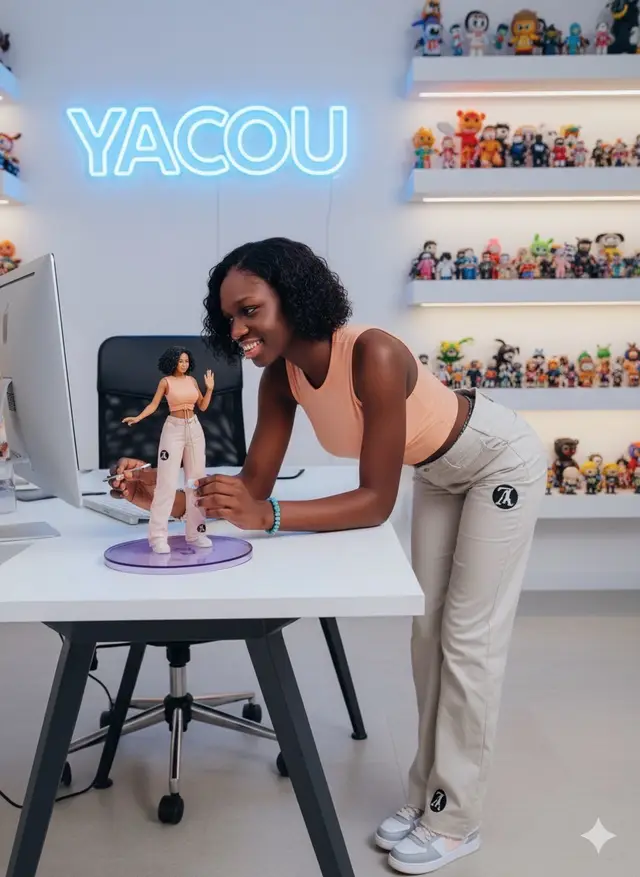 #Créer une figurine commerciale à l’échelle 1/7 de (le personnage sur la photo), de style réalité dans une environnement réel.la figurine placée sur un bureau d’ordinateur .elle possède une base ronde en cristal violet transparente . a côté du bureau se trouve la vraie personne sur la photo ,taille réelle,avec avec la même tenue que sur la photo et la figure nettoyant soigneusement la figure avec une brosse fine .dans une studio de style moderne,bien éclairé.avec une collection de jouets et de figurines et un cadre mural lumineux avec le mot « YACOU « B en néon  bleu en arrière -plan .gros plan mise au point nette.Résolution 8k. UTral détail .UTral Haut résolution.détail complexe 