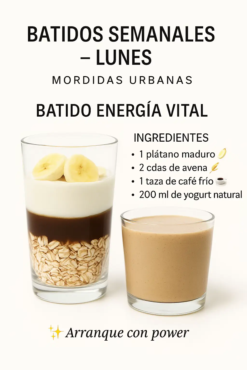 Batidos Semanales 	•	Lunes ⚡ Energía Vital: porque el café solo ya no alcanza. 	•	Martes 🌱 Detox Verde: limpieza interna sin fregar platos. 	•	Miércoles 🧘 Antiestrés: el spa, pero en vaso. 	•	Jueves 🏋️ Fuerza Muscular: proteína con flow. 	•	Viernes 😍 Buen Humor: porque el finde no se activa solo. 	•	Sábado 🌟 Anticansancio: recarga sin enchufe. 	•	Domingo 🛋️ Relax Total: sofá, manta y batido. 📲   #BatidosSemanales #BatidoPower #SmoothieTok #RecetasTikTok #batidos          
