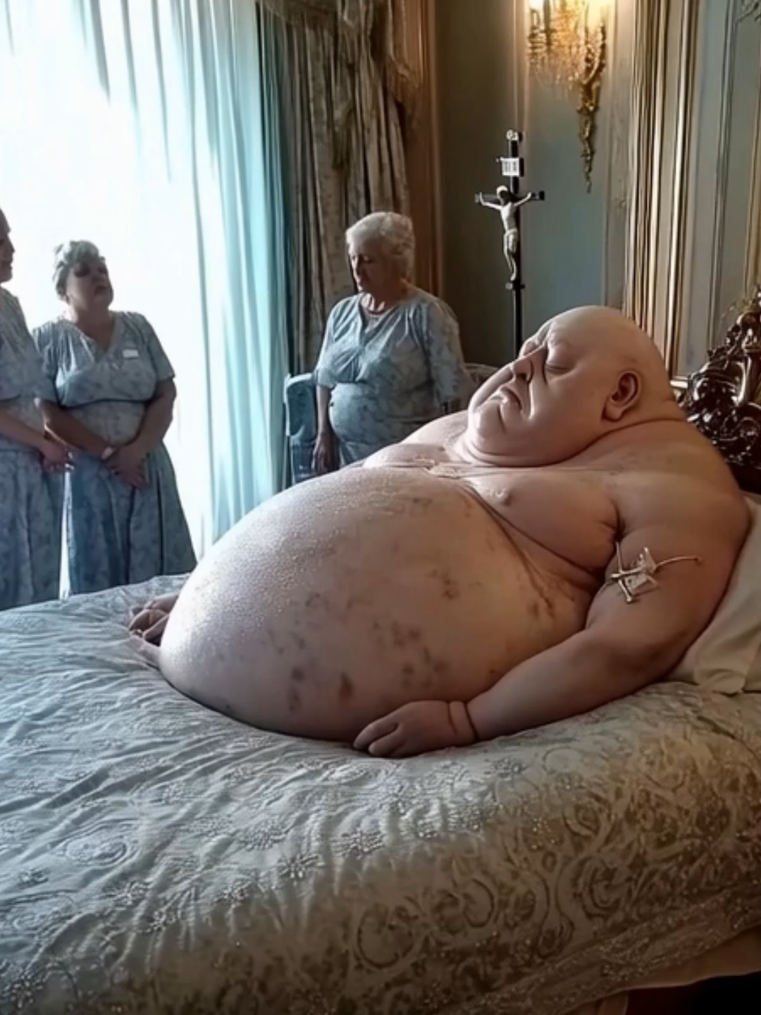 Hidden in a forgotten mansion, lies the Blob King : a grotesque creature said to have devoured everything brought before him. His body has grown so massive that he can no longer move, only breathe heavily as servants watch in silence. Legends whisper that his hunger is endless, that no amount of food can ever satisfy him. Some say he was once human… others believe he’s the result of a failed experiment. But one thing is certain: if he ever rises from that bed, the feast will begin again. #Blob #Blobmonster #horror #horrortok #StrangeCreatures #Bizarre