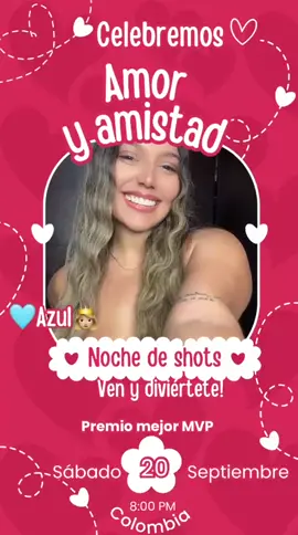 Noche de Amor y Amistad: ¡Shots y Diversión! ¡Únete a nosotros para una noche inolvidable de amor y amistad! Disfruta de una velada llena de shots, retos divertidos y sorpresas. *¿Qué te espera?* - Noche de shots con amigos - Retos divertidos. - Sorteos y premios para el MVP de la noche ¡No te pierdas la diversión! Ven y acompáñanos para una noche que recordarás por mucho tiempo. ¡Te esperamos ******************************* Night of Love and Friendship: Shots and Fun! Join us for an unforgettable night of love and friendship! Enjoy an evening full of shots, fun challenges and surprises. *What awaits you? * - Night of shots with friends - Fun challenges. - Sweepstakes and prizes for the MVP of the night Don't miss the fun! Come and join us for a night that you will remember for a long time. We are waiting for you! 🩵🥰