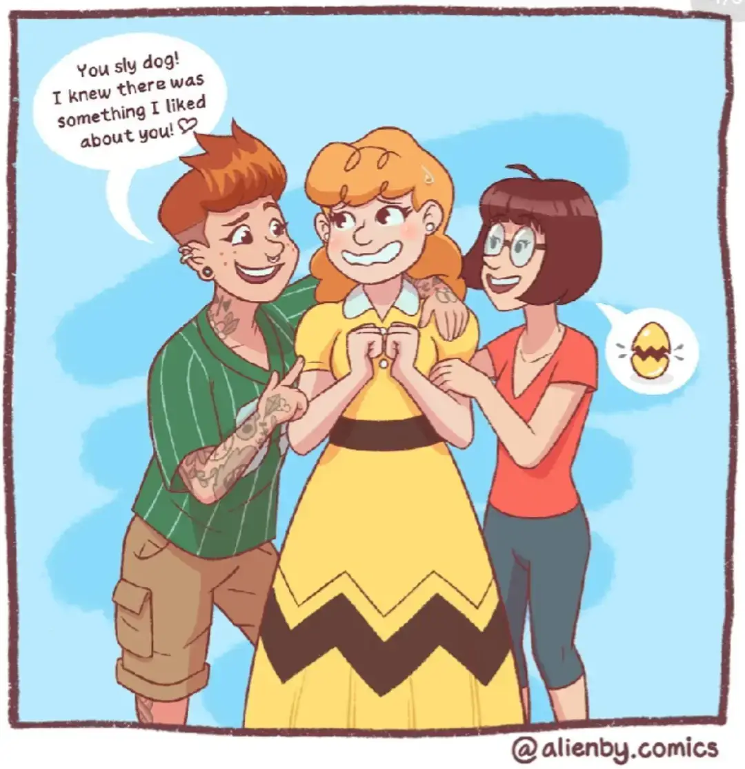 I saw this and had to repost a little trans joy for the day 💖 you can see the mix of joy and a little fright on her face taking such a big step.  🩵🩷🤍🩷🩵 #queer #transgender #trans #peanuts #mtf 