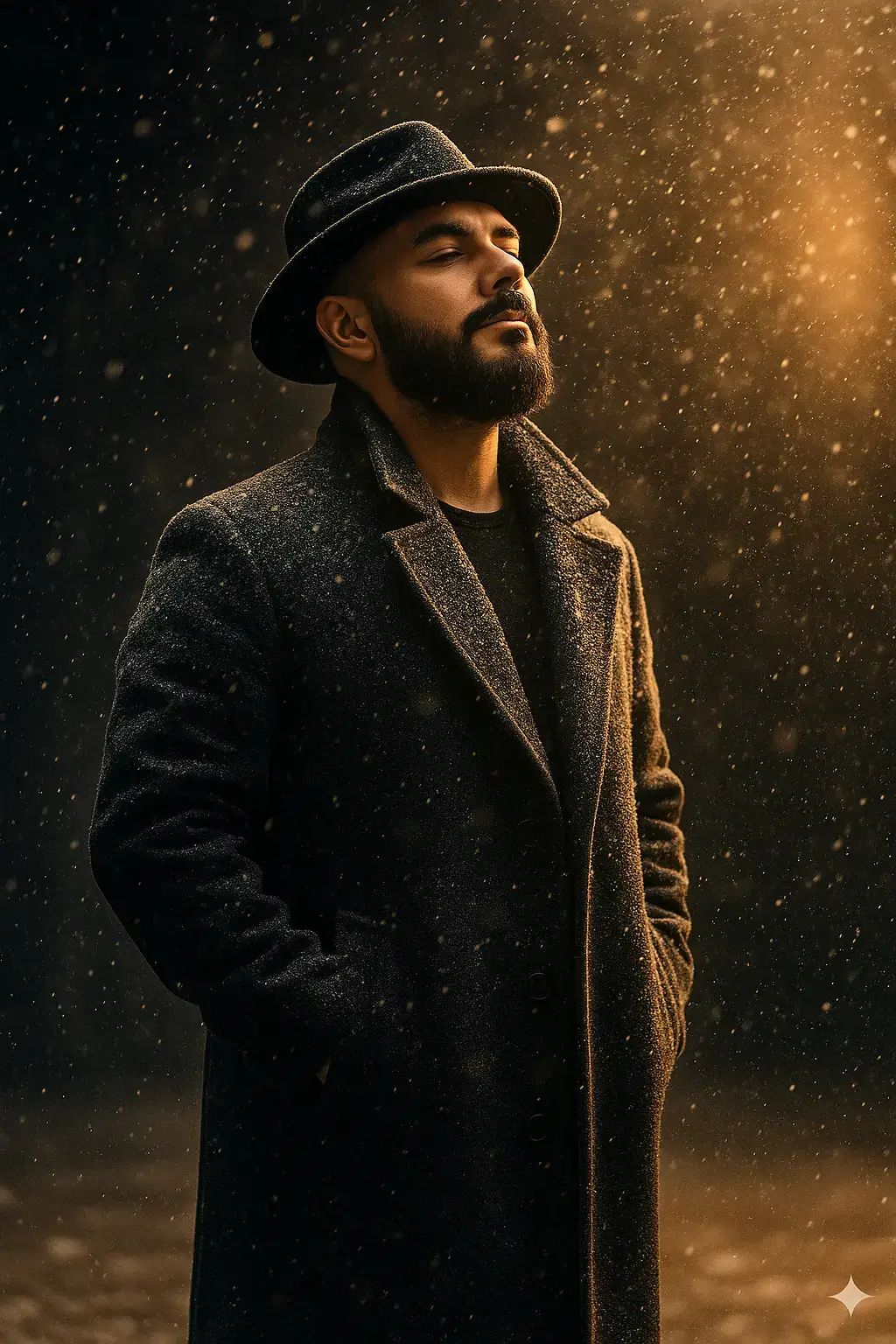 A cinematic portrait of a person standing in falling snow, wearing a dark oversized wool coat dusted with snowflakes. The atmosphere is moody and ethereal, with soft golden backlight illuminating the snow particles in the air. The person stands confidently with hands in pockets, slightly tilting their head upward, giving a calm and thoughtful pose. Shallow depth of field with blurred snow in the foreground, high-detail texture on the coat, captured with a professional DSLR lens in soft natural light.