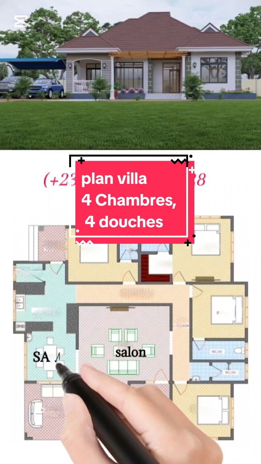 villa 4 chambres ; 4 douches contacter nous pour vos plans. #plan #houseplans  #villa #construction #btp #architecture 