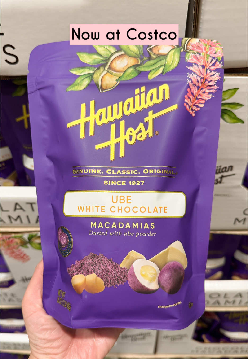 Are you excited for Ube White Chocolate Macadamias at Costco? #costcofinds #costco #costcoaisles #ube #macadamia 