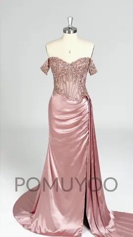 Gorgerous pink off the shoulder sequins satin train long party dress #partydress #dresstoimpress #pinkdress #sequindress #promdress #offtheshoulder 