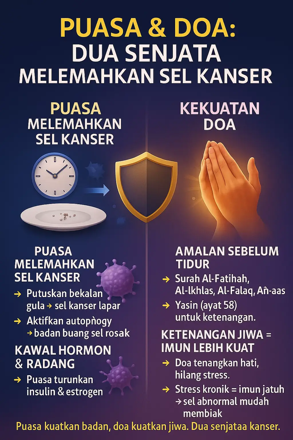 📌 Hari-Hari Puasa Sunat 1️⃣ Isnin & Khamis 👉 Rasulullah ﷺ sangat menggalakkan, sebab amalan diangkat pada hari tersebut. 2️⃣ Ayyamul Bidh (Hari Putih) 👉 13, 14 & 15 setiap bulan Hijrah. 👉 Dipanggil “hari putih” sebab bulan penuh. 3️⃣ Puasa Sunat 6 Hari Syawal 👉 Selepas habis Ramadan, pahalanya seperti puasa setahun. 4️⃣ Puasa Hari Arafah (9 Zulhijjah) 👉 Bagi yang tidak menunaikan haji, hapus dosa setahun lalu & akan datang. 5️⃣ Puasa Hari Asyura (10 Muharram) + Tasua (9 Muharram) 👉 Sunnah Nabi Musa a.s., Nabi SAW tambah puasa 9 & 10 Muharram. 6️⃣ Puasa Nabi Daud a.s. (Puasa Selang Sehari) 👉 Puasa paling afdhal, tapi berat untuk kebanyakan orang. 💡 Dari segi kesihatan moden, puasa ini juga bantu: 	•	Stabilkan hormon & gula darah, 	•	Aktifkan autophagy (buang sel rosak), 	•	Kuatkan imun. #puasa #doa #kanser #malaysia #foryoupage 