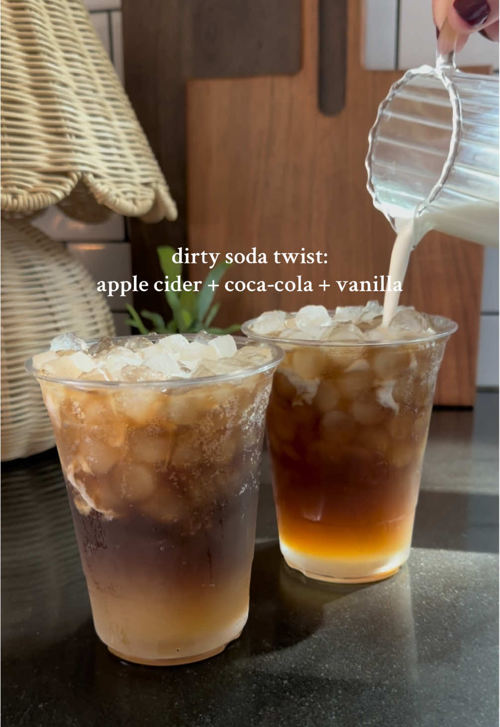 Apple cider + Coca-Cola + Vanilla 🍎🥤 Ingredients for one dirty soda: Coca-Cola  3 oz apple cider  3/4 oz vanilla syrup  Half & half  Fill a glass with extra ice. Add the vanilla syrup, apple cider, and Coca-Cola. Top with a splash of half & half and enjoy!  #dirtysoda #dirtysodarecipe #diydrinks #creamsoda #fyp 