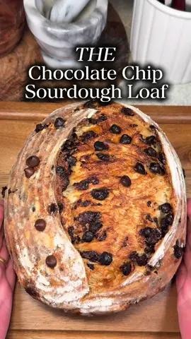 THE chocolate chip sourdough loaf 🍫🍞 Soft, fluffy crumb swirled with vanilla and melty chocolate chips — this loaf is a little magic in every slice. Ingredients 	•	150g active starter 	•	9g olive oil 	•	20g honey 	•	328g warm filtered water 	•	500g bread flour 	•	11g salt 	•	1 tsp vanilla (or vanilla bean paste) 	•	150–200g semi-sweet chocolate chips How to Bake 	1.	Mix wet ingredients, then add flour + salt. Rest 1 hr. 	2.	Stretch & fold every 30 min for 1.5–2 hrs. Fold in chocolate chips on last round. 	3.	Bulk ferment ~6 hrs, or until doubled. 	4.	Shape gently, rest 30 min, then cold proof overnight. 	5.	Preheat Dutch oven to 450°F. Score loaf, place inside, then lower to 400°F. 	6.	Bake 20 min covered, 30 uncovered. Cool before slicing. ✨ Warm, chocolate-filled bliss with every bite. Happy baking! 🤎 #sourdough #chocolate #dessert #sourdoughbread #asmr