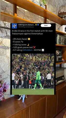 Andre Onana in his first match with 10-man Trabzonspor against Fenerbahçe: - 29 shots faced 😳 - 8 saves 🧤 - 4 diving saves 🫸 - 1.63 goals prevented ❌ - 8.7 rating (@FotMob - MOTM) 📈 #onana #trabzonspor #fenerbahçe #fyp #funny 