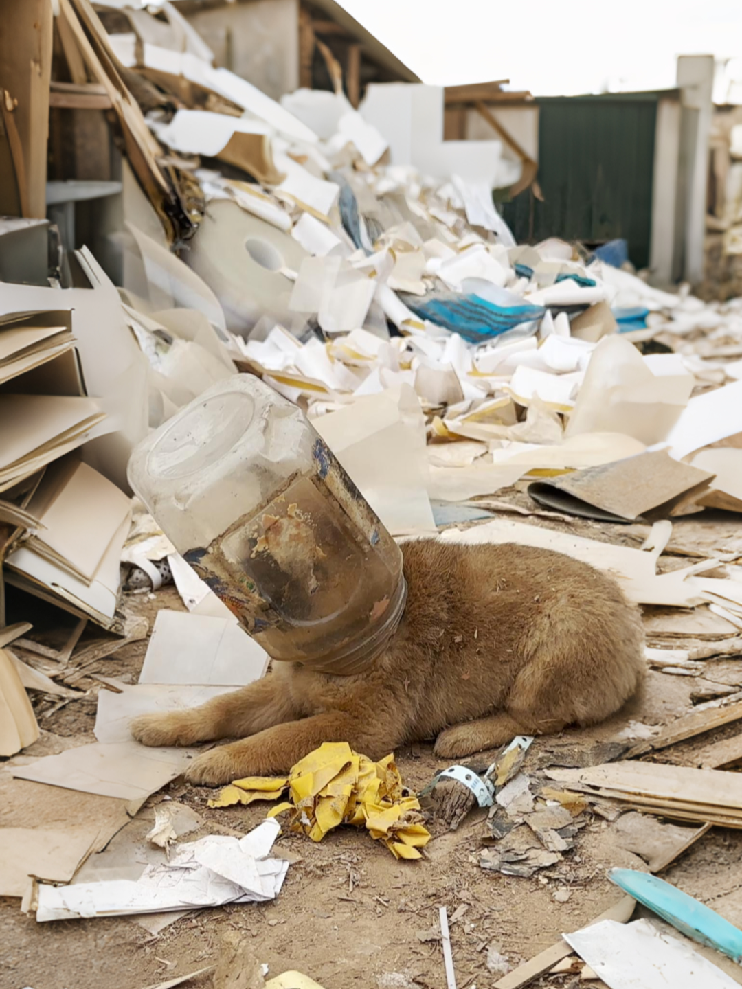 The poor little stray dog ​​wandered around the garbage dump rummaging for food. It accidentally got its head stuck in a jar and couldn't pull it out. Luckily, a man nearby saw it and helped it, then took it home to take care of it.
