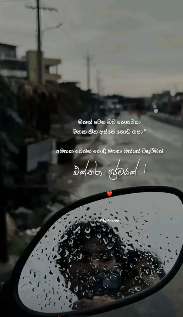 මැණික නුඹ මගේ නෙමෙයි ඒක මං දන්නවා, නොදෙක ඉන්න බෑ  හැම වෙලාවෙම දකින්න ඕනේ උඹේ ඇස් ළඟම ඉන්න හිතෙන්නෙම කියපන් මැණික උඹටත් වෙනවද මෙහෙම 💝🎗️ හිතින් අල්ලගෙන අත් හැරෙන නුඹව මං දුර ගිය වැඩි වැඩියි නේද,, උරුම නැති උනත් දැනුන තැන්වලින් තමයි නවතින්නෙ හැමෝම,, ඇයි නුඹව දැනෙන්නේ මගේ මුළු ආත්මෙටම,, මට නුඹ නැතුව ජීවත් වෙන්න බෑ මැනික  ❤️😔 සංසාරේ අයේ කවදාවත්ම එපා යලි නුබව  මගහැරෙන්න ඉන්නවද මන් එක්ක අයිතිය නෙමෙයි මගේ වෙලා ආදරය 💝🍃 අයිති නැතුවට බදන් ආදරේ කරලා  උඹ තමයි මගේ පපුවේ කලබල කරන හුස්ම මට මාව නැති උනත් දැනෙන්නෙ නෑ මෙහෙම මගේ නොවුනට මොකද නුබයි මගේ ආදරේ ❤️💐 ඔයා දන්නවද,, මේ ලෝකේ මම ආසම මනුස්සයා ඔයා වෙද්දි මම ලෝභකම් කරන එකම ආදරණීය හැඟීම් ඔයා වෙද්දි මං ආස කරන හිනාව ,,ලස්සන ඇස්  ඔයාගෙම වෙද්දි මගේ ජීවිතයේ වටිනාම තත්පර ගෙවන්නේ ඔයා එක්කම වෙද්දි❤️🫶 ඇත්තටම මට අහසක් වගේ ආදරේ දෙන ඔයාගේ අහිංසක හිනාවට මං හරියට ආදරේ  කරනවා 🤍🎗️ මැරෙන්න තරම් ආදරයක් මරන්න තරම් කේන්තියක් ඔව් ඒ ඇත්තටම ආදරෙ කරපු හිත් ❤️🌹 ,