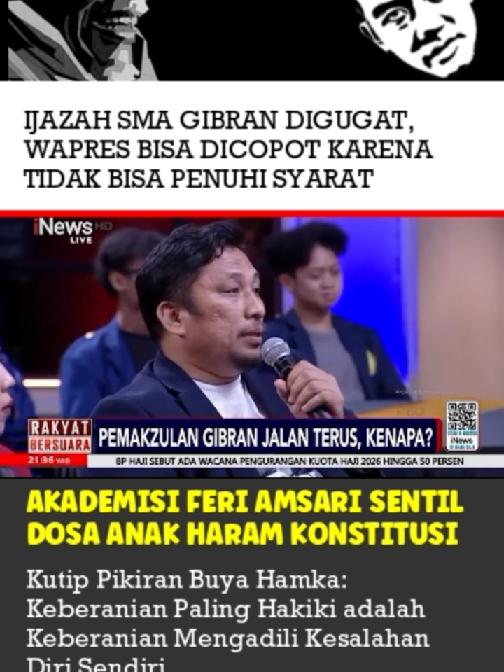 IJAZAH SMA GIBRAN DIGUGAT, WAPRES BISA DICOPOT KARENA TIDAK BISA PENUHI SYARAT Pakar Hukum Tata Negara Universitas Airlangga, Mohammad Syaiful Aris menyebut Gibran Rakabuming bisa diberhentikan sebagai wakil presiden jika ijazah SMA-nya tidak memenuhi syarat pencalonan calon wakil presiden. Hal ini disampaikan Aris menanggapi gugatan yang dilayangkan Subhan Palal ke Pengadilan Negeri Jakarta Pusat terkait ijazah SMA Gibran. Gibran dianggap melakukan perbuatan melawan hukum karena riwayat pendidikan SMA-nya tidak sesuai dengan aturan di Indonesia. Sebelumnya, Forum Purnawirawan TNI mengusulkan ke DPR agar Wapres dimazkulkan. Namun hingga kini DPR belum menindaklanjuti usulan Forum Purnawirawan TNI. Terkait masalah ini, akademisi Feri Amsari pernah mempertanyakan anehnya proses Pilpres 2024 hingga putusan Mahkamah Konstitusi. Feri Amsari  juga menyentil dosa anak haram konstitusi.