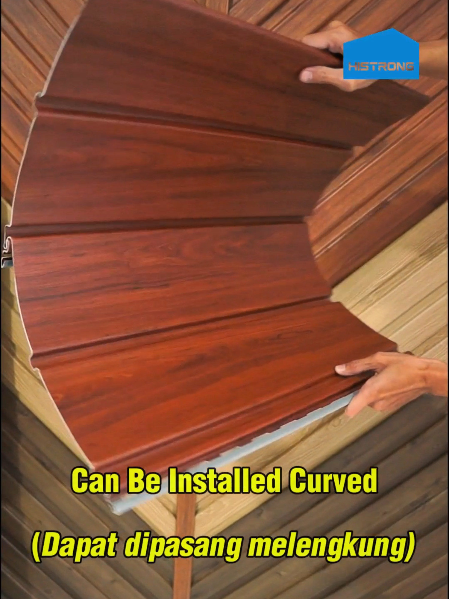 HISTRONG SOFFIT PANEL Plafon dapat di cover hingga melengkung dan tembok pun dapat di cover menjadi aestetik nuansa kayu serat alami dengan beragam pilihan warna, mudah dalam pemasangan #histrong #plafonpvc #wpc