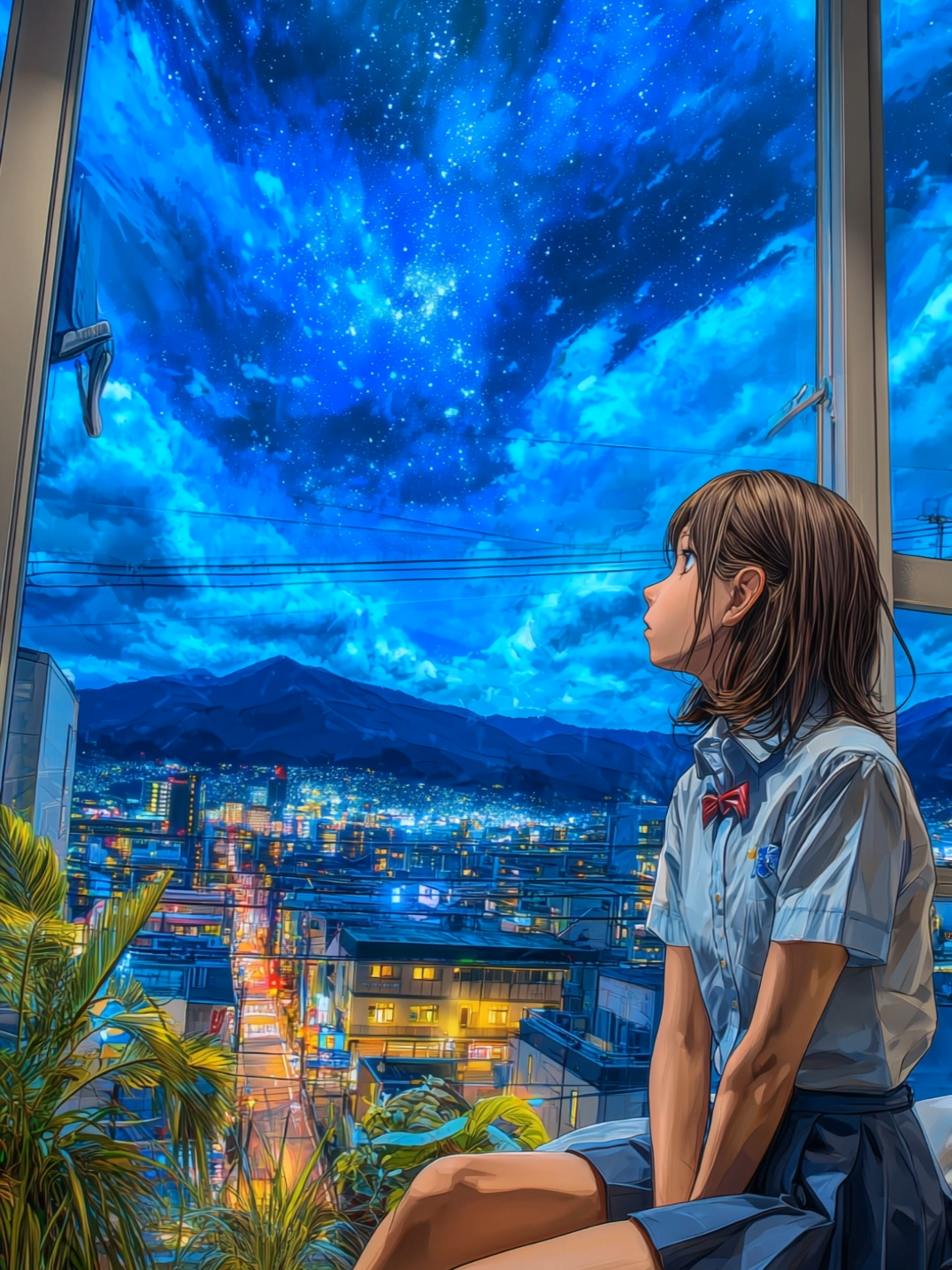 Lost in the universe outside my window. #StarryNight #CityLights #DreamingBig #AnimeArt #NightSkyMagic #PeacefulMoments #WindowView #CosmicWonder