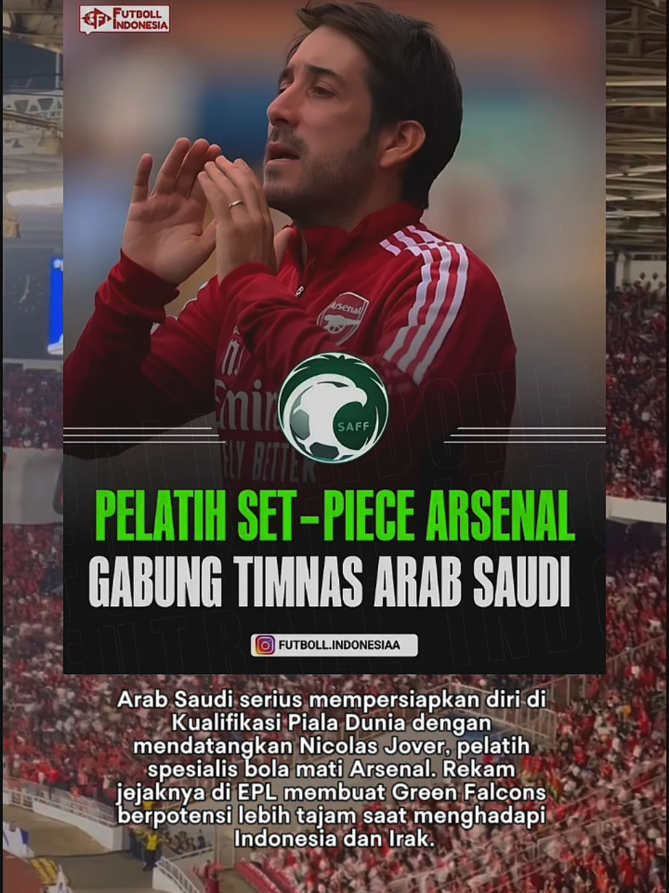 BREAKING! Pelatih Set-Piece Arsenal Gabung Timnas Arab Saudi Jelang Kualifikasi Piala Dunia Timnas Arab Saudi membuat kejutan jelang Kualifikasi Piala Dunia 2026 ronde keempat Oktober mendatang. Mereka dikabarkan mendatangkan Nicolas Jover, pelatih spesialis bola mati Arsenal, untuk memperkuat taktik mereka. Sumber menyebutkan, Jover sudah hadir dalam pemusatan latihan skuad Arab Saudi di Republik Ceko. Ia juga akan mendampingi Green Falcons saat menghadapi Timnas Indonesia dan Timnas Irak pada laga penting bulan Oktober. Nicolas Jover dikenal sebagai sosok yang membuat Arsenal sangat tajam dalam situasi bola mati di Premier League: Musim 2021/22: 16 gol dari set-piece Musim 2022/23: 15 gol Musim 2023/24: 20 gol Musim 2024/25: 16 gol Catatan tersebut menjadikan Arsenal sebagai salah satu tim paling berbahaya dari bola mati di EPL. Kehadiran Jover diyakini bakal menjadi senjata rahasia Arab Saudi menghadapi laga krusial di kualifikasi. #GarudaDiEropa #arabsaudivsindonesia #pialadunia #woldcup #fypシ 