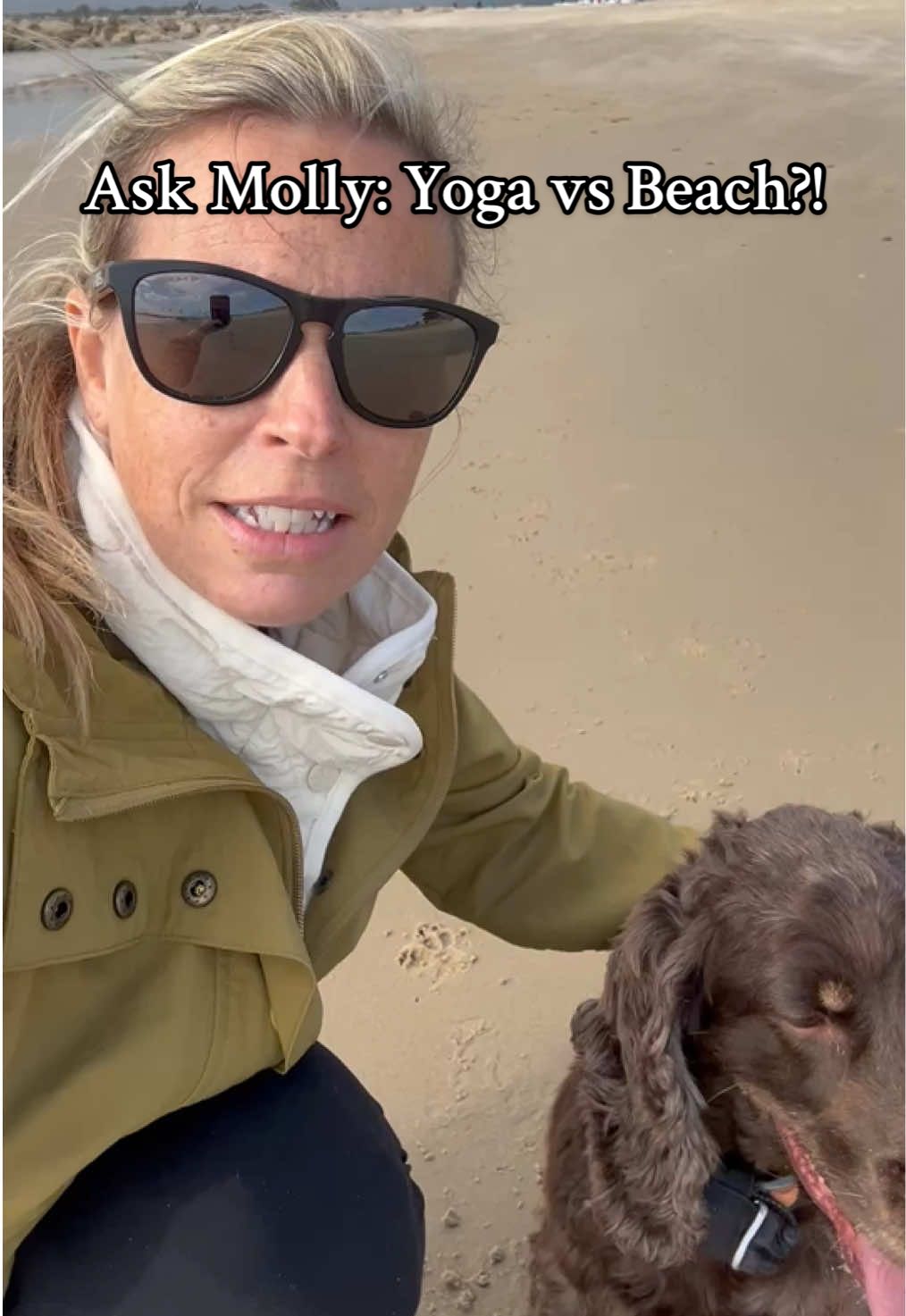 Ask Molly: Yoga vs Beach? BEACH!! 💨 Who needs a crowded yoga studio when you can have an empty blustery beach with your bestie to start the week 💕#cockerspanielsoftiktok #cockerspaniel #dog #dogadventures 