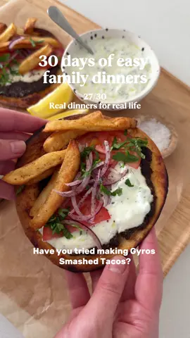 30 days of Easy Family Dinners 27/30 – Gyros Smashed Tacos Recipe  If you are hunting for a family dinner idea that just works, this one does.  Easy, fun and fast, can be loaded with whatever you’ve got in the fridge, perfect for weeknights when you want dinner sorted without the stress. 💆🏻‍♀️ Beef or Lamb Mixture:  500 g (1 lb 2 oz) regular (20% fat) minced (ground) beef or lamb (note 1 in recipe for more options) 1 tsp garlic powder 1 tsp onion powder 1 tsp dried oregano 1 tsp ground cumin  ½ tsp sweet paprika 1 tsp sea salt flakes ½ tsp freshly cracked black pepper Find the full recipe on my website (link in bio!) or here 👇🏻 https://simplehomeedit.com/recipe/gyros-smashed-tacos/ #gyrostacos #easyfamilydinners #30daysofdinners #fakeaway #weeknightdinner   