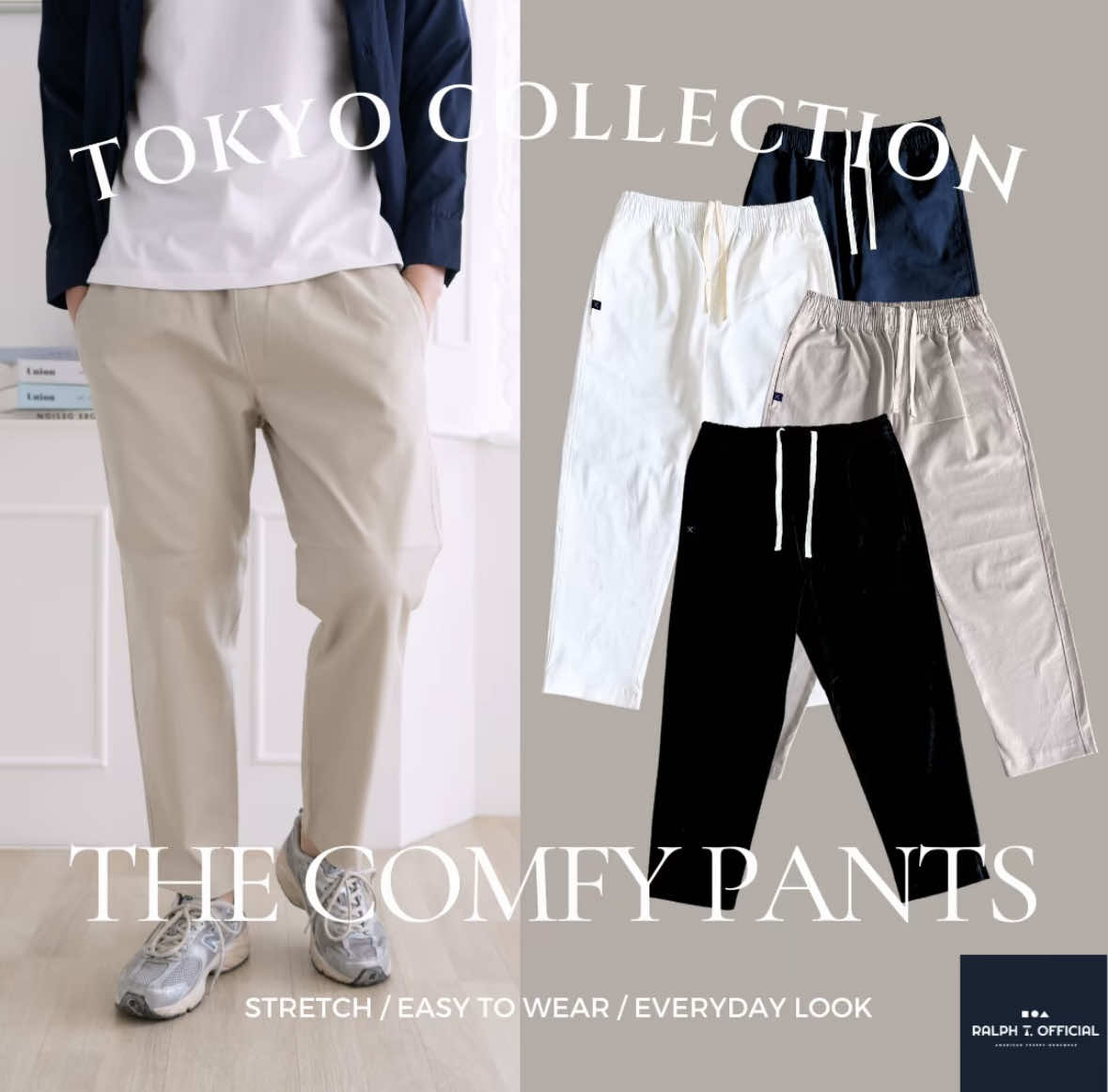 #กางเกงขายาวผู้ชาย #เอวยางยืด #ขากระบอก ผ้าชิโน่ ยืดได้ TOKYO COMFY PANTS MEN PANTS RALPH T #กางเกงสแล็คผู้ชาย #กางเกงผู้ชาย Clothing เสื้อผ้า สีเทา ทรงกระบอก 