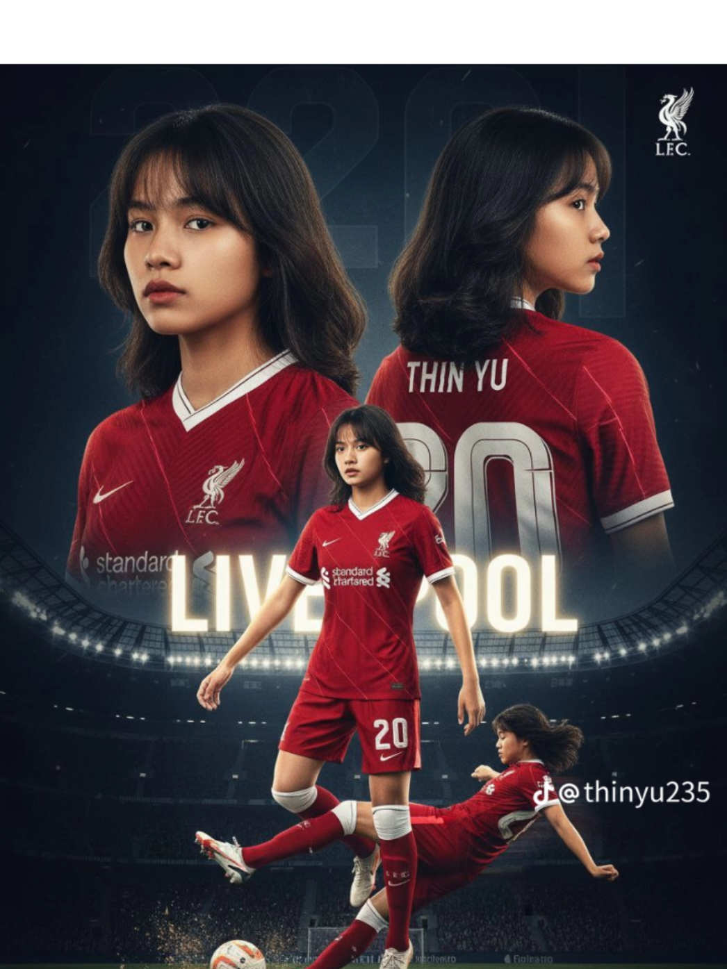ကဲး trendအမှိလေးနော် လိုက်လုပ်ကြည့်ကြ :Create a cinematic professional football (soccer) poster featuring [refer image]. Keep the original face, hair, shape, and angle exactly as in the image. Show the perSon in three perspectives: a super close-up portrait with Liverpool jersey 2025, a side profile view wearing a Liverpool football jersey 2025 in the back name ------, and a full-body shot in full football kit (jersey Liverpool 2025, shorts, socks, and cleats) with sponsor logos. At the bottom, place a dynamic action scene of the player performing a powerful Salto kick with motion blur and flying grass around. The jersey must clearly display the number ------ on the front, back, and shorts. Use a bold dark White Santiago bernabeu stadium background with a large number -------- dan nama 'Liverpool' glowing behind the character. The overall style should be ultra-realistic, high-resolution, cinematic, and professional sports poster vibes. Tambahkan logo Liverpool [see image] di pojok kanan atas -- လုပ်ထားတဲ့ နေရာလေးမာ ပထမ တခုက နာမည်လေး နဲ့ ကျန်တာ ကျောနံပါတ်လေး ထည့်ပ့နော် #AI #AI_Prompt #Gemini #football 
