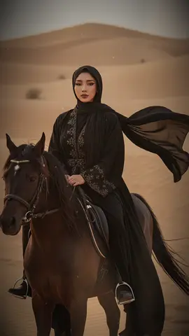 Promptnya : Buatlah wajah seperti dimake up Arabic, pakai abaya hitam, pashmina hitam panjang seperti tertiup angin, ditengah gurun pasir, buatlah foto serealistis mungkin dan jangan mengubah bentuk wajah. Berikan sedikit efek cahaya matahari terbenam, duduk diatas kuda #geminiai #gemini #berandatiktok #fyp